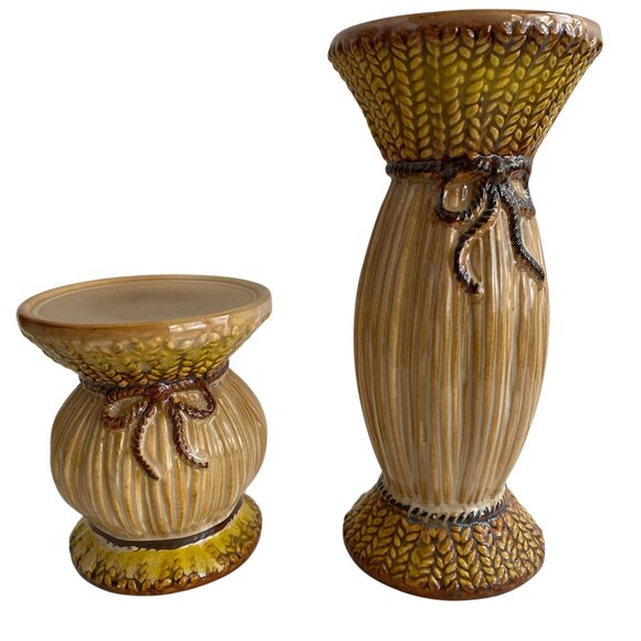 Harvest Pillar Candle Holder Yellow Brown Ceramic Wheat Ribbon Thanksgiving Set - Picture 1 of 5